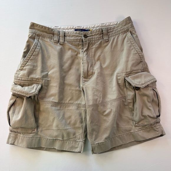 Vintage Polo Ralph Lauren Mens Cargo Shorts 36 Distressed Khaki Tan Grunge Y2K - Picture 1 of 15